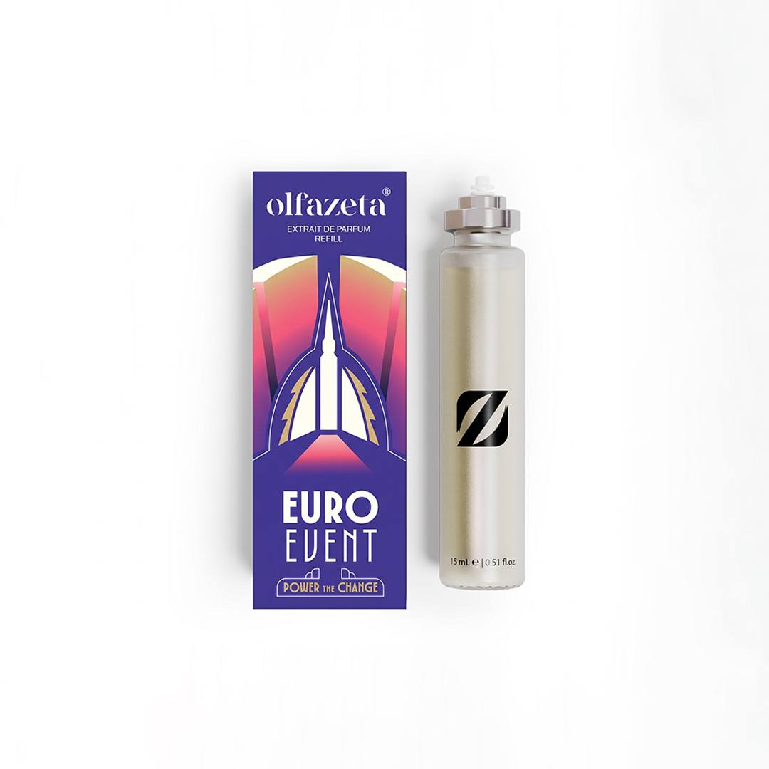 Purple box Olfazeta EuroEvent with colourful illustration and Extrait de Parfum 15 mL refill