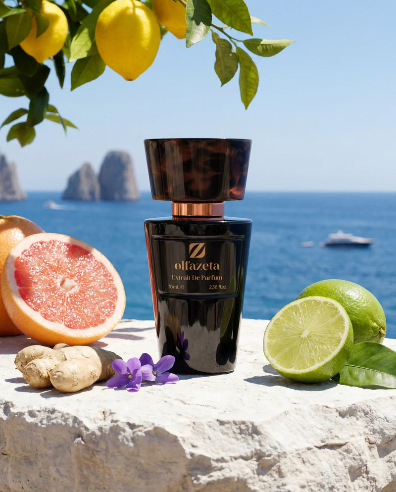 Frasco negro Olfazeta by Chogan Millésime N°02 con pomelo, lima y jengibre junto al mar