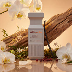 Frasco cinzento-claro Olfazeta by Chogan Luxury N°101 entre orquídeas brancas, madeira flutuante e uma vagem de baunilha