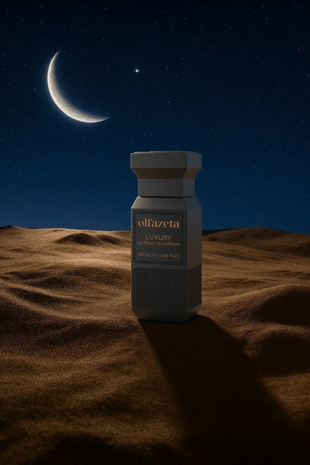 Frasco cinzento Olfazeta by Chogan Luxury N°138 sobre dunas de areia sob uma lua crescente estrelada